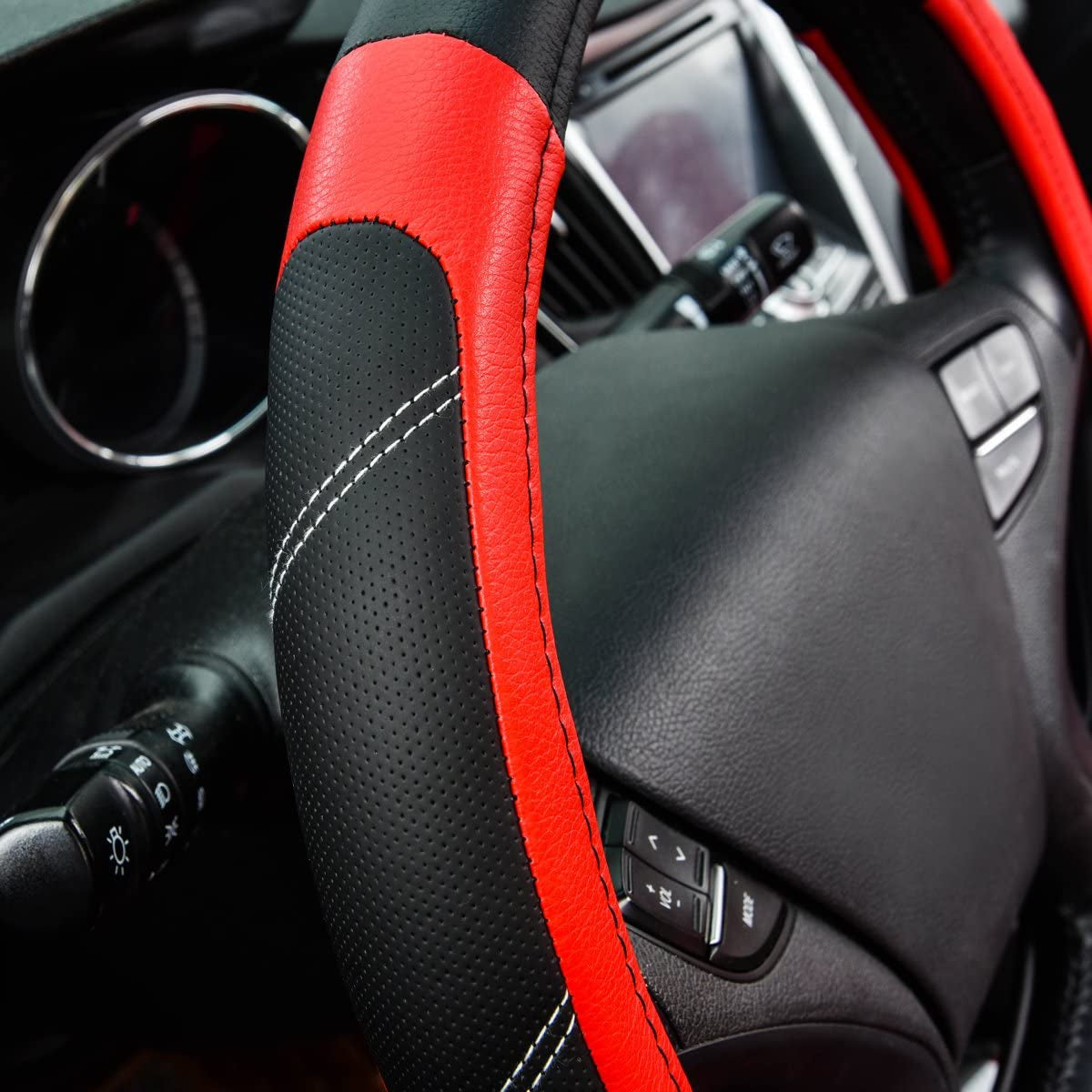 Black-Red Microfiber Leather Steering Wheel Cover - Universal Fit for Trucks, SUVs, Cars
