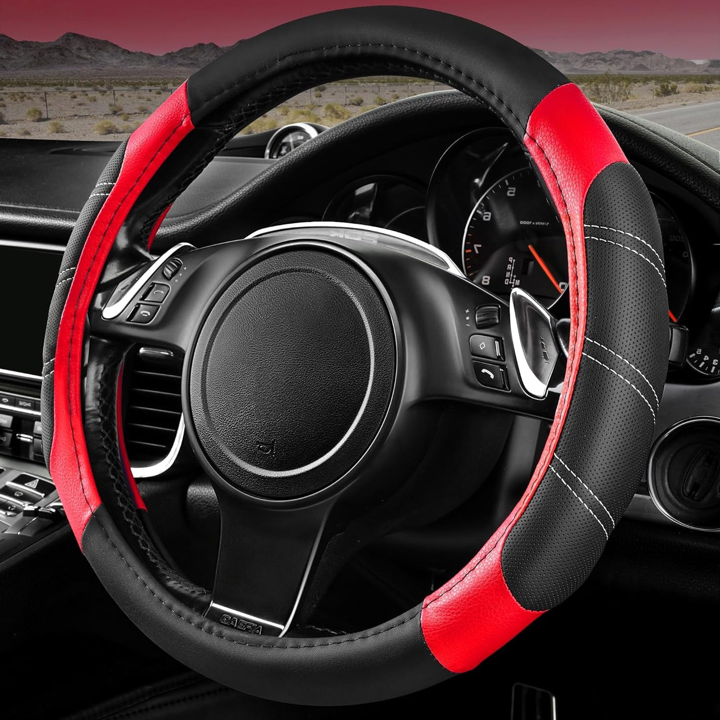 Black-Red Microfiber Leather Steering Wheel Cover - Universal Fit for Trucks, SUVs, Cars
