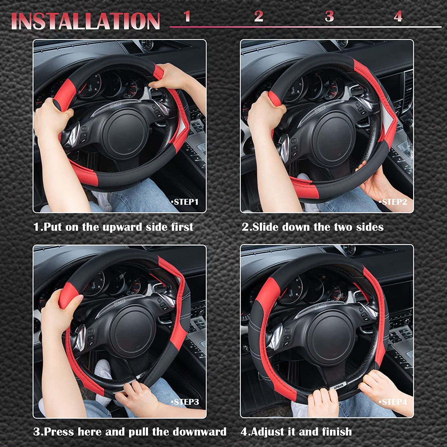 Black-Red Microfiber Leather Steering Wheel Cover - Universal Fit for Trucks, SUVs, Cars