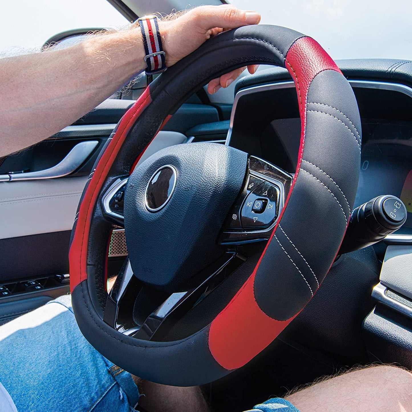Black-Red Microfiber Leather Steering Wheel Cover - Universal Fit for Trucks, SUVs, Cars